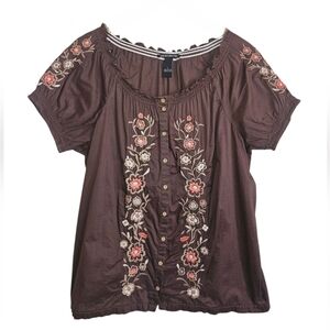 Lucky Brand Y2K Brown Bohemian Embroidered Button-Front Blouse Size L